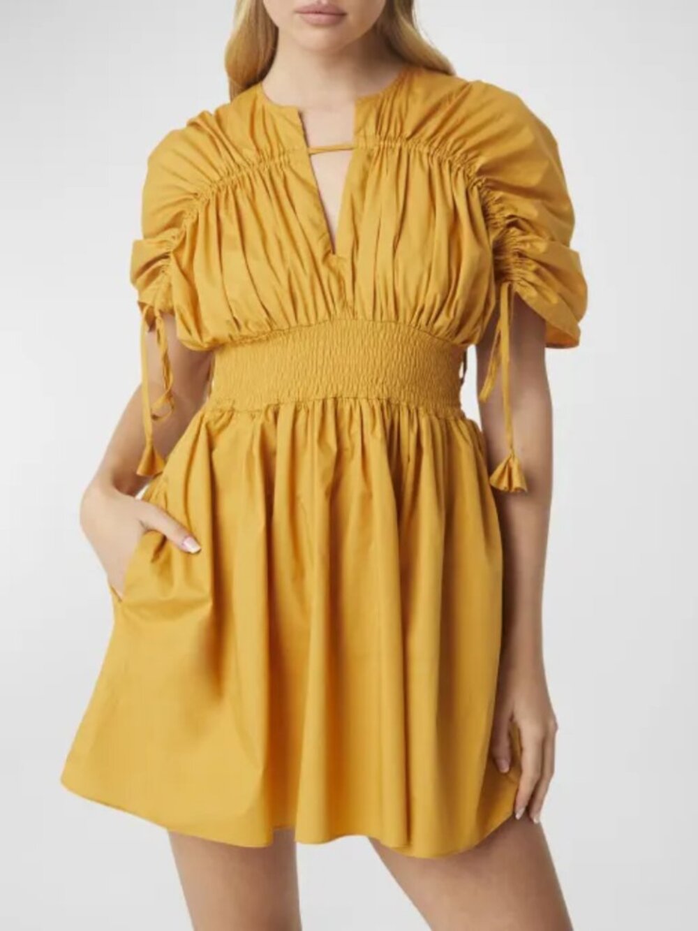 Misa Los Angeles Camila Shirred Puff-Sleeve Mini Dress Marigold NWT Size Small